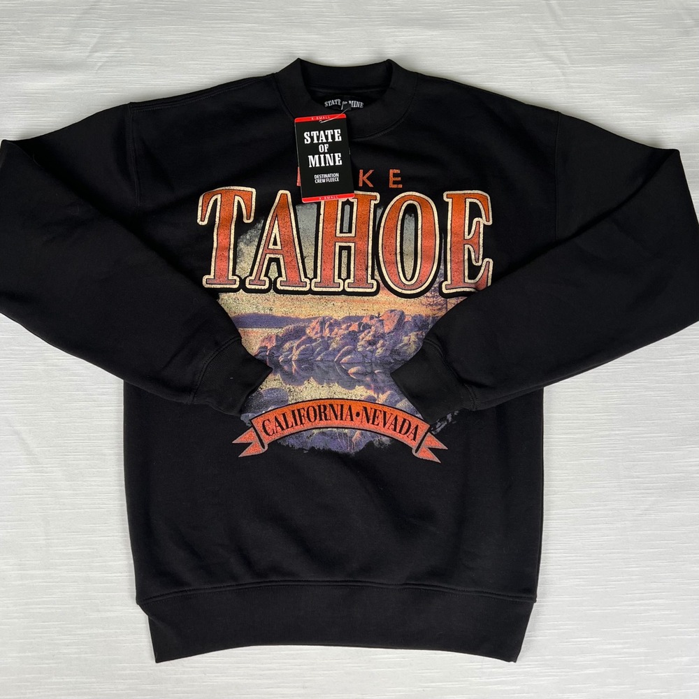 State of Mine Lake Tahoe California Nevada Black Graphic Sweatshirt Mens XS NWT